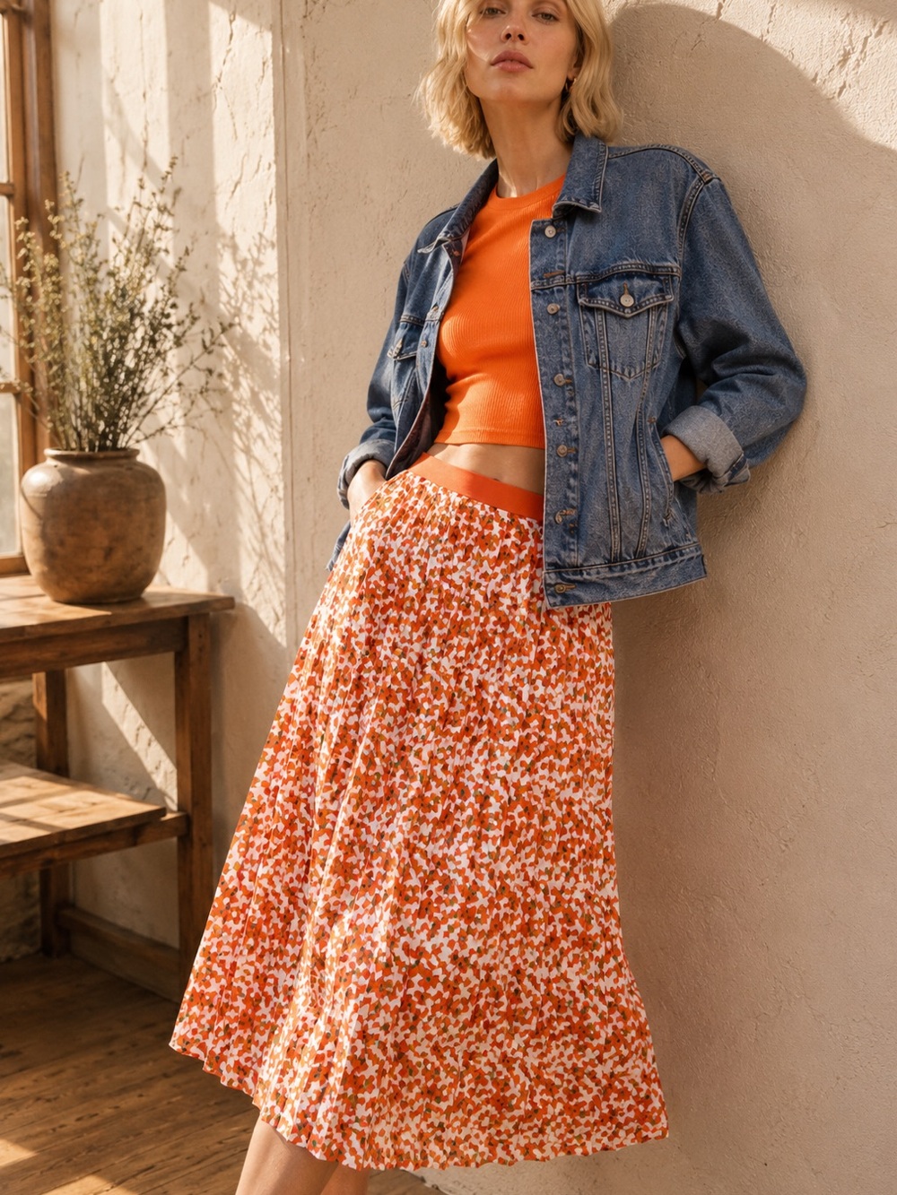 Future Collective Kahlana Barfield Brown Orange Accordion Plisse Midi Skirt 10